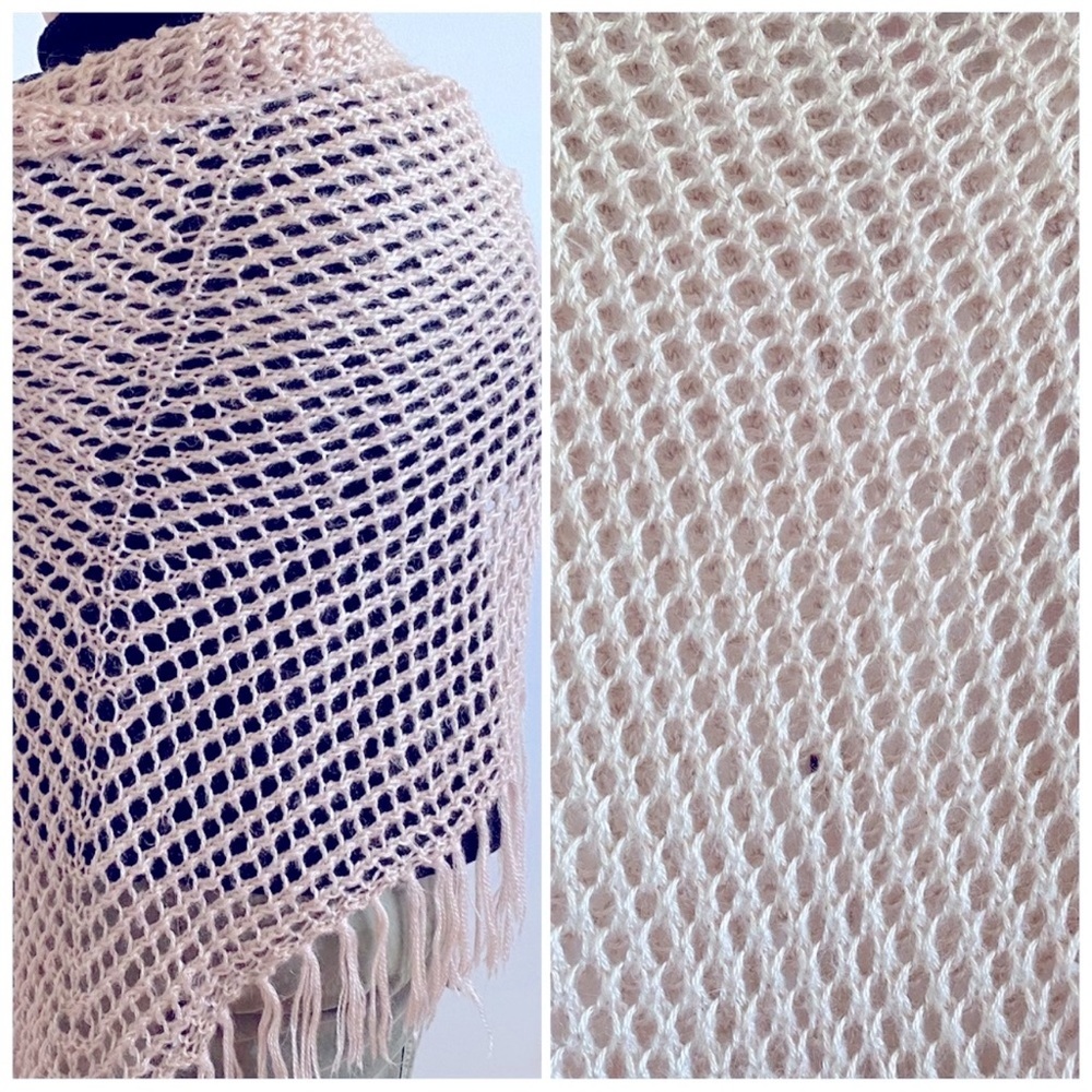 Cream Knit Shawl with Fringe  Blush Handcrafted Knit